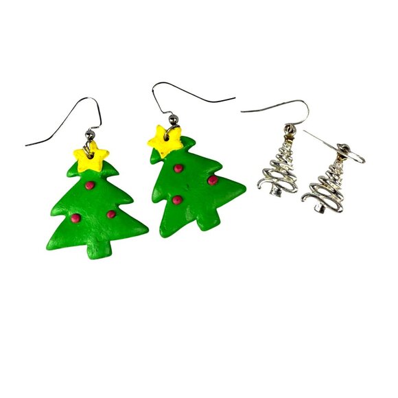 Christmas Tree Drop Earrings Set Of 2 Handmade Polymer Clay & Silver-Tone Metal - Picture 1 of 12
